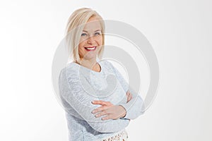 Happy beautiful close up portrait middle age blonde woman. Mid aged healthy female  on white background with copy space.