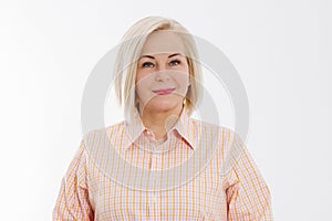 Happy beautiful close up portrait middle age blonde woman. Mid aged healthy female  on white background with copy space.