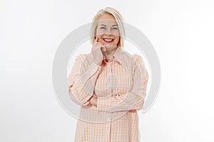 Happy beautiful close up portrait middle age blonde woman. Mid aged healthy female  on white background with copy space.