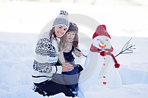 Happy beautiful family building snowman in garden, winter, mom a