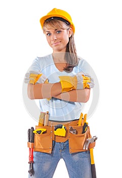 happy beautiful female construction worker isolated on white background