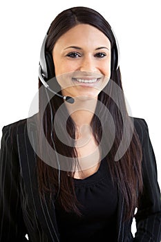 Happy beautiful hispanic business female telemarketer