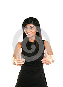 Happy beautiful Indian girl showing thumb up