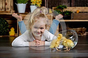 Happy beautiful kids, playing with small beautiful ducklings, cute fluffy animal birds