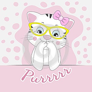 Happy beautiful kitty in sunglasses and inscription purr