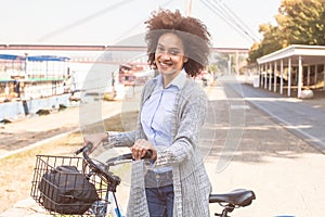 Happy And Beautiful Mixed Race Black Woman Ride Bicycle