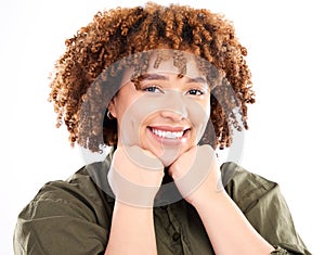 Happy, beautiful and portrait of a black woman with confidence isolated on a white background. Smile, happiness and an