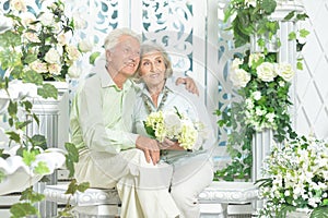 Happy beautiful senior couple together at home