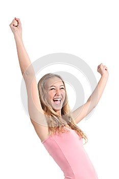 Happy beautiful teenager girl with her arms raised