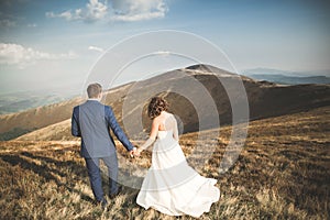 Happy beautiful wedding couple bride and groom at wedding day outdoors on the mountains rock. Happy marriage couple