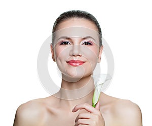 Happy beautiful woman with flower isolated on white background. Facial treatment, cosmetology, beauty, skincare and spa concept