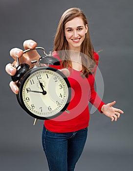 Happy beautiful woman for focus on patience and time management photo
