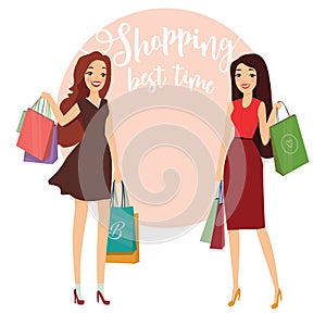 Happy beautiful women with shopping. Two ladys with shopping bags walking on street. Big Sale.