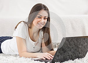 Happy Beautiful Young Student Girl Using Laptop