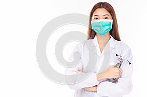 Happy beautiful young woman doctor standing with arms crossed over white background. Smiling medical doctor woman with stethoscope