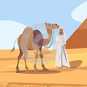 Happy bedouin with camel flat vector illustration