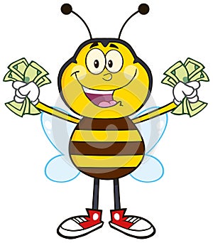 Happy Bee Cartoon Mascot Character With Cash