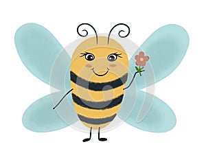 A happy bee flies with a flower in his hand.