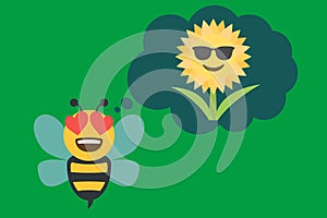 happy bee with heart-shaped eyes and thought bubble with cool face sunflower,emoji concept vector illustration photo