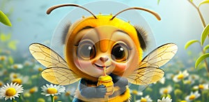 Happy Bee with Honey Lollipop against a backdrop of daisies. May 20, World bee day concept