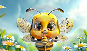 Happy Bee with Honey Lollipop against a backdrop of daisies. May 20, World bee day concept