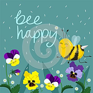 Happy Bee Vector Illustration. Hand Lettered Text with Bees. Vector postcard