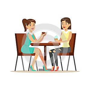 Happy Best Friends Drinking Coffee In Cafe, Part Of Friendship Illustration Series