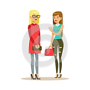 Happy Best Friends Meet On The Street Standing Chatting, Part Of Friendship Illustration Series