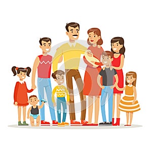 Happy Big Caucasian Family With Many Children Portrait With All The Kids And Babies And Tired Parents Colorful