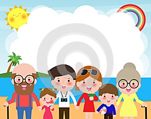 Happy big family at the beach.family on summer vacation going to the beach and having the sea. Parents and children cartoon
