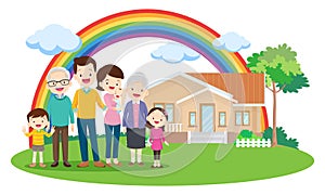 Happy big family in front of house ,rainbow