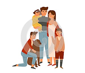 Happy big family portrait flat illustration. Wife and husband with kids. Parents, children and dog together isolated on