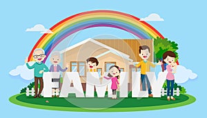 happy Big family on rainbow background of the house