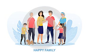 Happy big family standing together. Happy family time of father, mother, children, grandmother, grandfather and pet