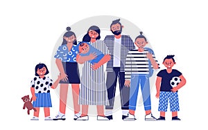 Happy big family with their five children. A portrait of a large family. Parents with a newborn baby and older children.