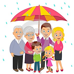 Happy big family under umbrella