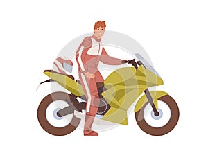 Happy biker in professional equipment sitting on modern sportbike. Smiling man on sports bike. Human and motorcycle photo