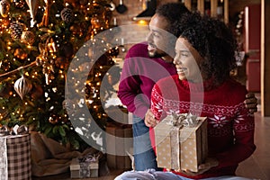 Happy biracial couple celebrate Christmas at home together