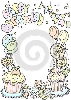 Happy birdhday poscard. Colorful border with cakes, sweets and b