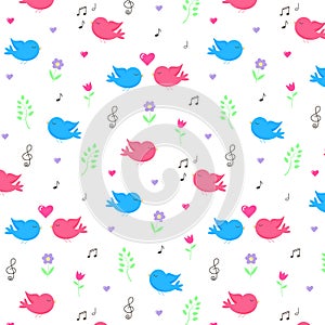 Happy birds in love seamless pattern with hearts, flowers, twigs and music notes