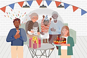 Happy Birhtday Family all ages  concept.Organize a party in the home. Mother holding cake.Grandmother held a cat.Father fireworks.