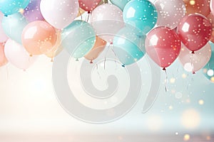 Happy birhtday greeting banner design, flying helium balloons, festive celebration background card