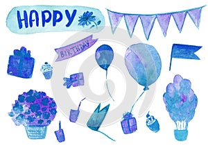 Happy birthaday watercolor hand drawn set in blue color isolated on the white background.