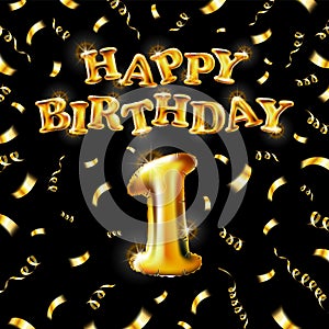 Happy Birthday 1 message made of golden inflatable balloon one letters isolated on black background. Happy birthday party balloons