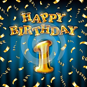 Happy Birthday 1 message made of golden inflatable balloon one letters isolated on blue background. Happy birthday party balloons