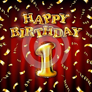 Happy Birthday 1 message made of golden inflatable balloon one letters isolated on red background. Happy birthday party balloons