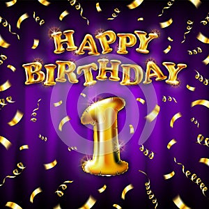Happy Birthday 1 message made of golden inflatable balloon one letters isolated on violet background. Happy birthday party