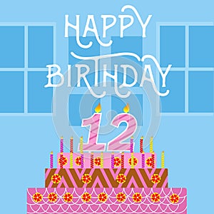 Happy Birthday 12 th old Pink Cake postcard - hand lettering - handmade calligraphy