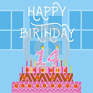 Happy Birthday 14 th old Pink Cake postcard - hand lettering - handmade calligraphy