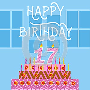 Happy Birthday 17 th old Pink Cake postcard - hand lettering - handmade calligraphy